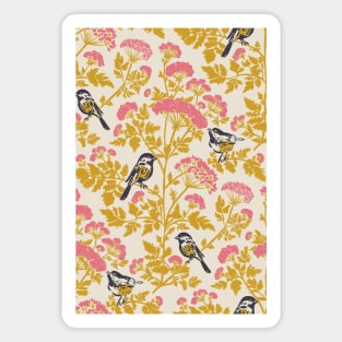 Hemlock with Chickadee Birds in Pink and Mustard Yellow Floral Repeat Pattern Magnet